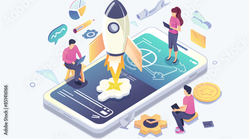 3D vector illustration Mobile phone's are a tech rocket rushing technology. Start creating business management infographics, business people working together in server room around
