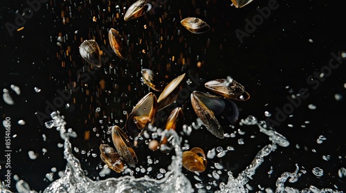 Mussels falling into the water. Underwater view. Black background.