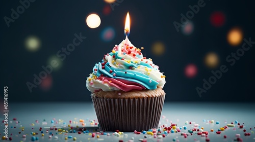 Colorful happy birthday cupcake with lit candle and sprinkles on white background



