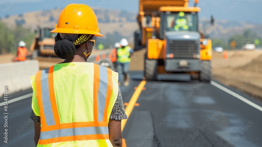 Black African American female construction worker monitoring road paving operation on newly constructed road. Infrastructure development and road safety concept Black African American female construction worker monitoring road paving operation on newly constructed road. Infrastructure development and road safety concept