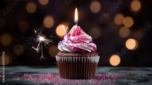 Festive birthday cupcake with colorful sprinkles and lit candle on a rustic wooden table in celebration atmosphere