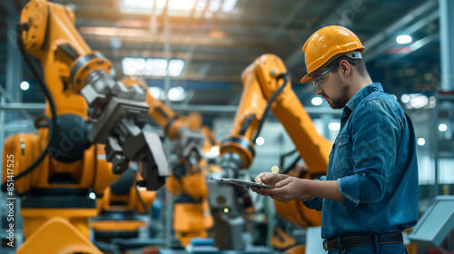 Automation engineers use tablets to program robot arms in a smart factory for digital factory production technology showing industrial automation processes.