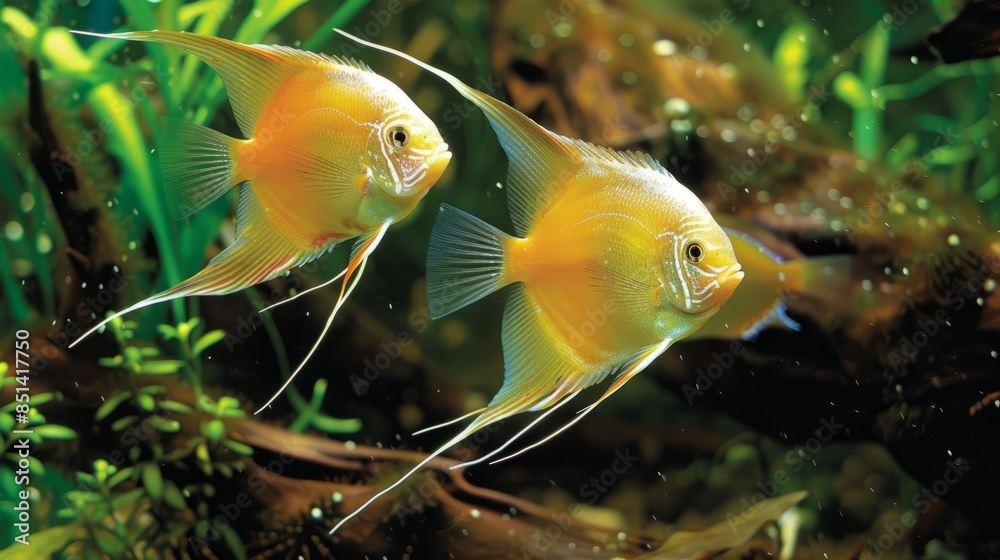 Graceful Angelfish Swimming in a Well-Planted Aquarium Graceful Angelfish Swimming in a Well-Planted Aquarium