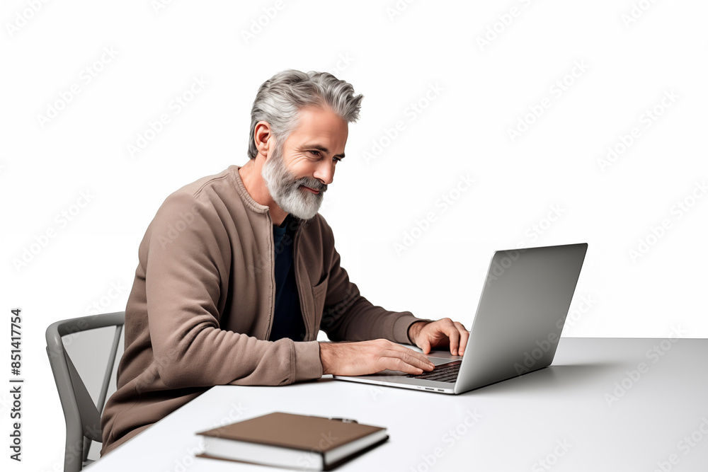 Middle aged man over isolated white background working with a laptop Middle aged man over isolated white background working with a laptop