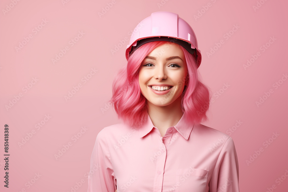 Young pink haired woman over isolated colorful background with worker cap Young pink haired woman over isolated colorful background with worker cap