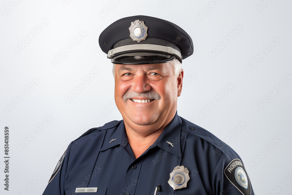 Middle aged man over isolated white background with police uniform Middle aged man over isolated white background with police uniform