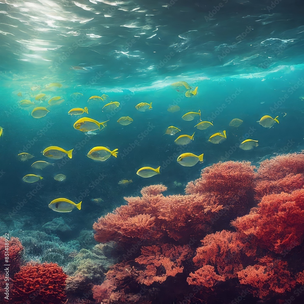 Fototapeta premium Underwater, coral reefs with schools of fish swimming, bioluminescence, high dynamic range photorealistic
