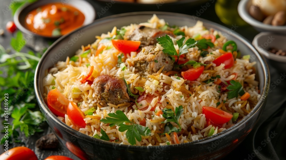 Close-up of a Bowl of Rice with Meat and Vegetables Close-up of a Bowl of Rice with Meat and Vegetables