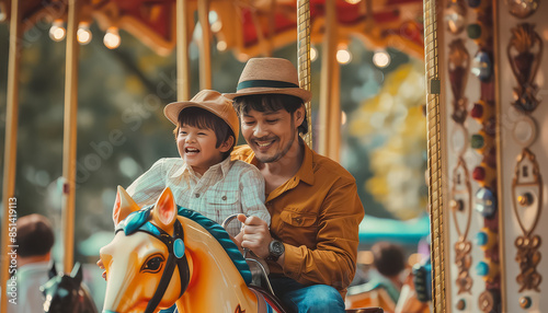 A man and a child are riding a carousel