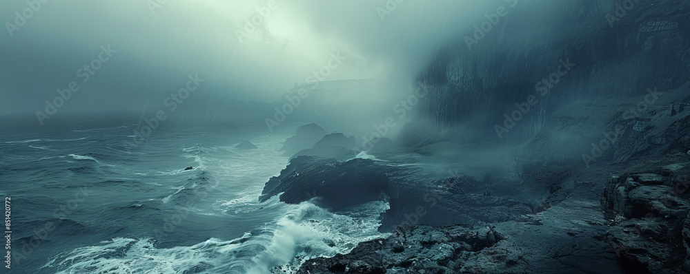 A rugged coastline with crashing waves, the spray of the sea creating a mist that hangs in the air. A rugged coastline with crashing waves, the spray of the sea creating a mist that hangs in the air.