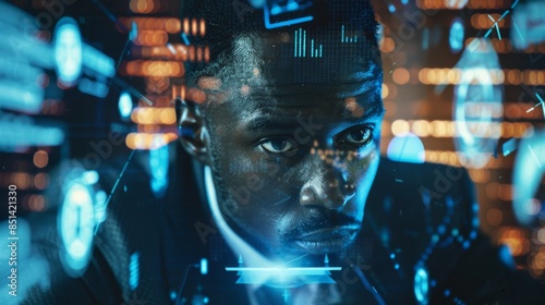 An African American businessman, looking forward with a futuristic interface and internet hud in the background. Marketing, advertising concept. Toned image double exposure mockup