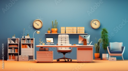 Modern home office with stylish decor and vibrant colors, featuring a desk, bookshelves, clocks, and plants for an inspiring work environment.