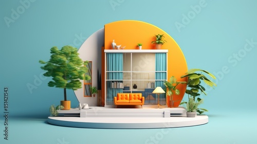 Modern miniature house model with colorful design, green plants, and bright interior decorations against a blue background.