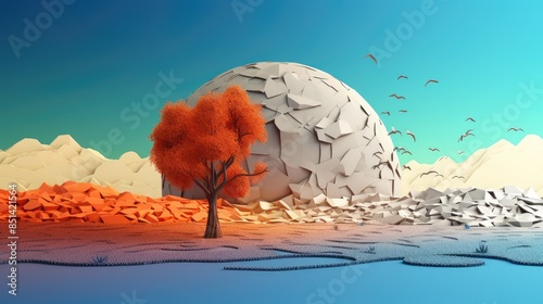 Surreal landscape with a tree and a dome, vibrant colors contrast the scene, artistic interpretation of nature and geometric shapes.