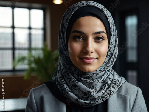 Portrait photo of a young businesswoman wearing a hijab in formal and professional clothes in the office photo