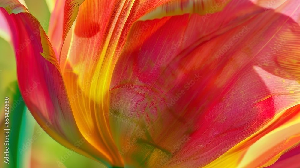 Colorful tulip, close-up, bright pink and yellow, soft natural light, detailed textures, green background. Colorful tulip, close-up, bright pink and yellow, soft natural light, detailed textures, green background.
