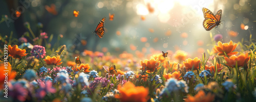 A serene meadow filled with wildflowers, with butterflies flitting from bloom to bloom in the warm sunshine. © Coosh448