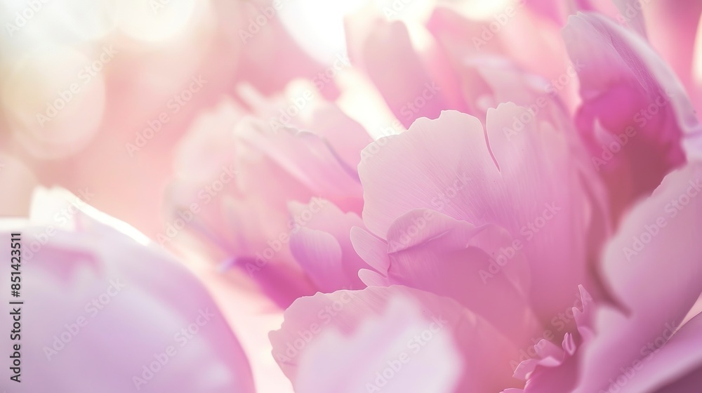 Obraz premium Peony petals, close-up, soft pastel pinks, warm natural light, high detail, blurred backdrop. -