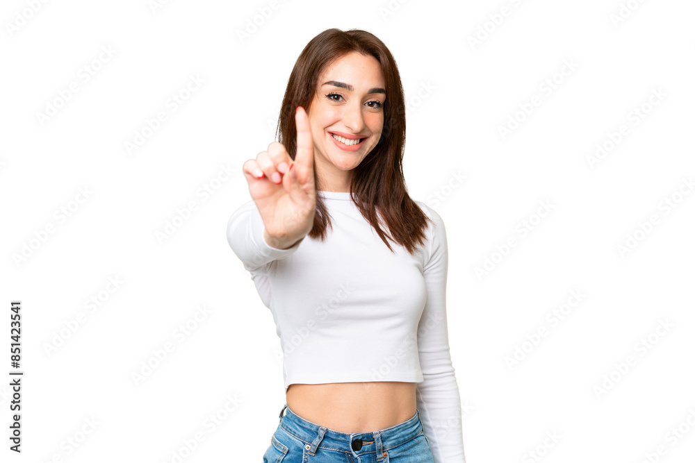 Young caucasian woman over isolated chroma key background showing and lifting a finger