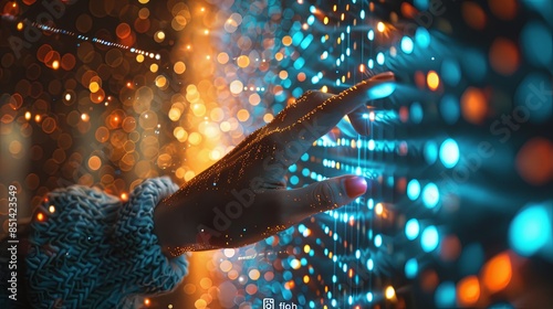 A close-up of a hand with glowing particles simulates interaction with digital data among colorful bokeh lights