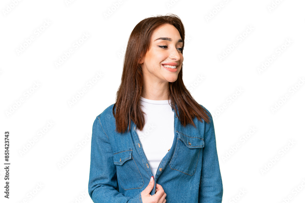 Young caucasian woman over isolated chroma key background looking side Young caucasian woman over isolated chroma key background looking side