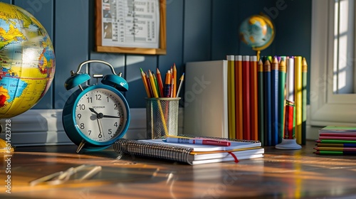 On the desk, there is an alarm clock and some stationery such as pencils in pencil boxes, colored markers, books with world maps on their covers against white background. A globe sits next to them.