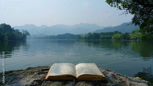 An open notebook with blank pages is placed on the rock by West Lake in Hangzhou, China. The lake water and green mountains can be seen at distance. There were trees along both sides of calm