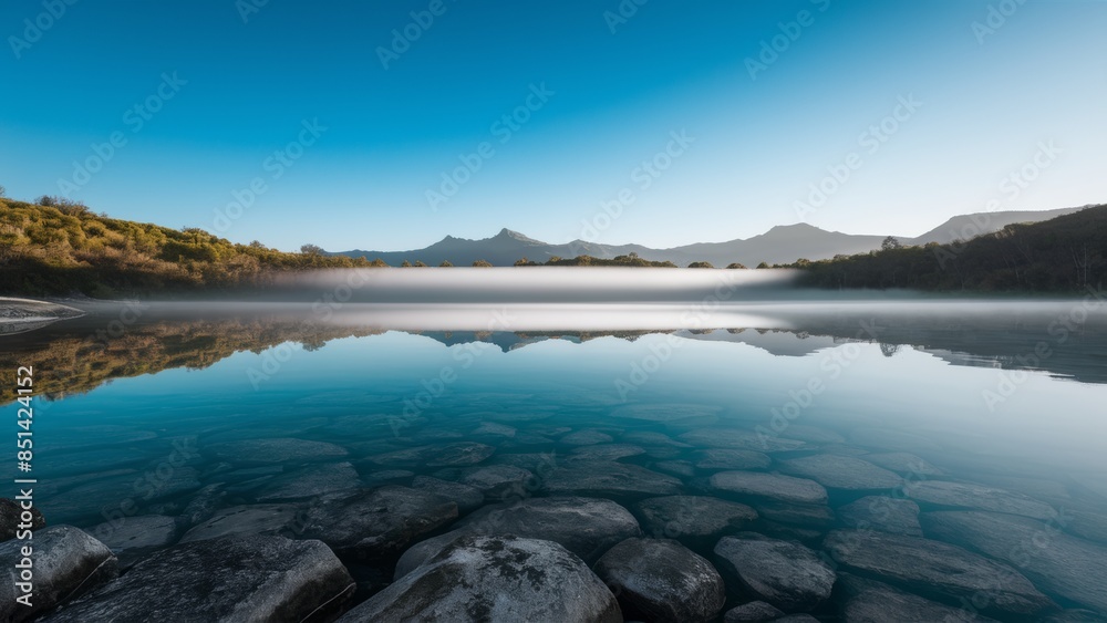 Fototapeta premium An unspoilt lake located in the middle of a lush green landscape. The crystal clear waters reflect the endless expanse of the bright azure sky, creating a striking visual contrast.