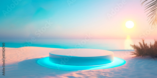 neon podium pedestal for product advertising on the beach