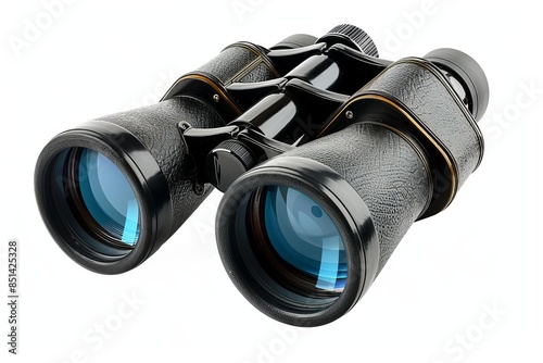 A pair of highpower binoculars with multicoated lenses and a large aperture, white background