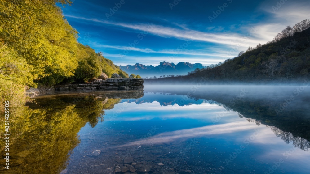 Naklejka premium An unspoilt lake located in the middle of a lush green landscape. The crystal clear waters reflect the endless expanse of the bright azure sky, creating a striking visual contrast.