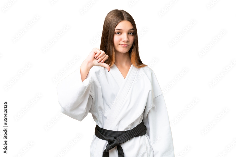 Teenager girl doing karate over isolated chroma key background showing thumb down with negative expression Teenager girl doing karate over isolated chroma key background showing thumb down with negative expression
