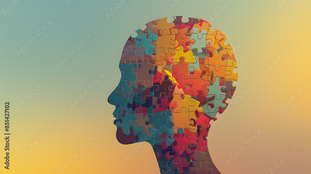 Naklejka premium Une silhouette de tête humaine composée de pièces de puzzle multicolores sur un fond dégradé de jaune à bleu.