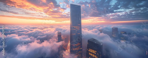 A towering skyscraper piercing the clouds, its glass facade reflecting the city lights. photo