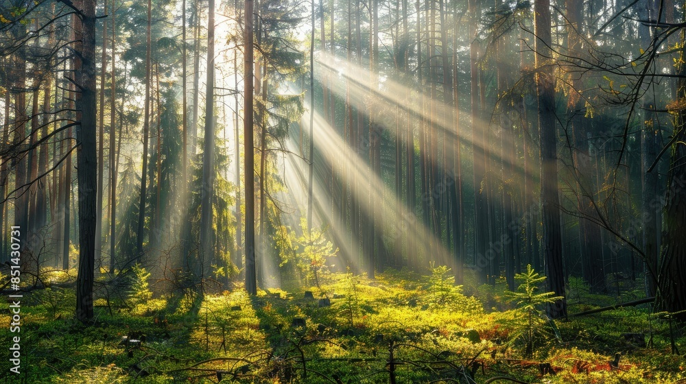 Obraz premium Bright rays illuminating a forest