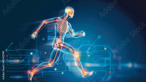 Orthopedic technology concept, x - ray interface, graphic of running man with bones and joints