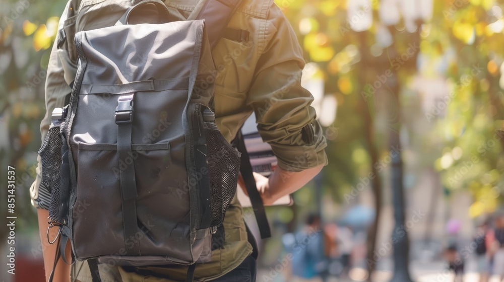 A Traveler With a Backpack in a Sunlit City A Traveler With a Backpack in a Sunlit City