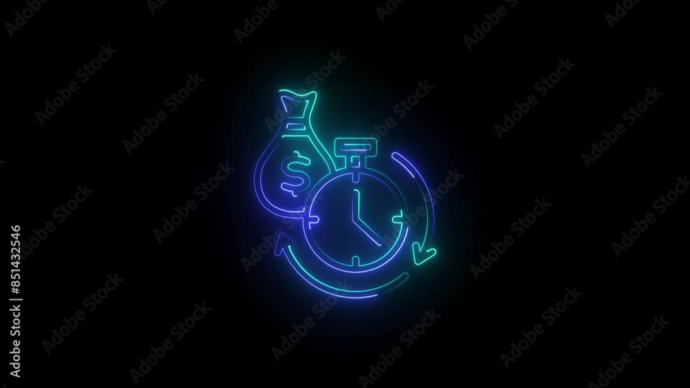 Time is money icon isolated on black background. Money is time. Effective time management. Glowing neon line dollar currency icon isolated on black background.