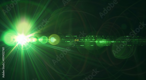 A glowing green light on a black background, lens flare, and green light