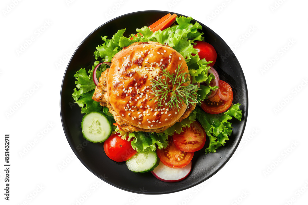 Top view of chicken burger with green salad isolate on transparent background Top view of chicken burger with green salad isolate on transparent background