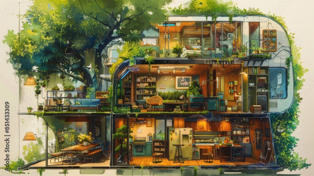Cozy multi-level home with lush green surroundings and modern interior design, perfect for sustainable living and eco-friendly lifestyle. Cozy multi-level home with lush green surroundings and modern interior design, perfect for sustainable living and eco-friendly lifestyle.