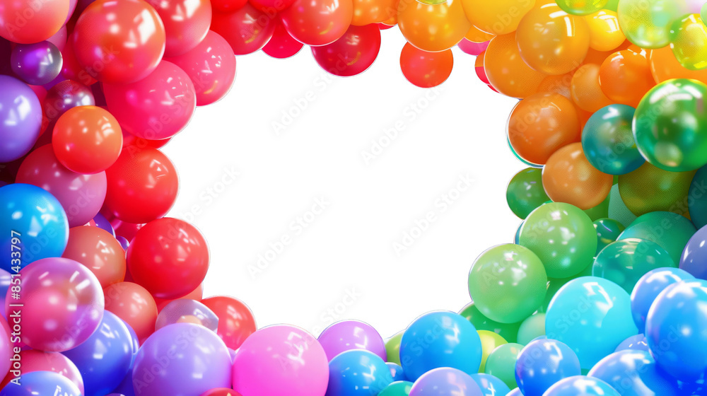 A cluster of rainbow-colored balloons, isolated on a transparent background, with balloons framing the top and bottom and an open middle section. A cluster of rainbow-colored balloons, isolated on a transparent background, with balloons framing the top and bottom and an open middle section.