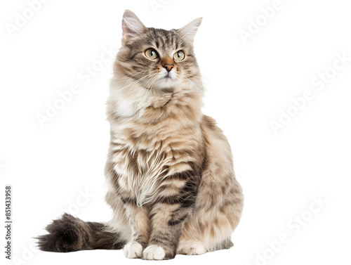 Full body shot of Ragamuffin cat, sitting,  looking around curiously.