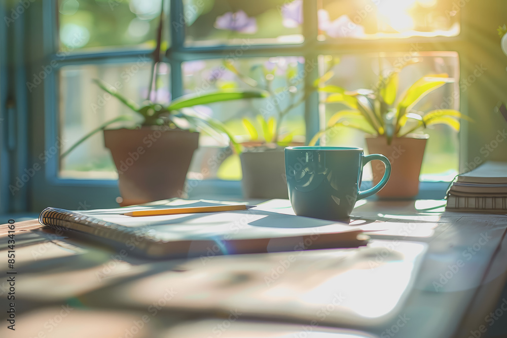 High-angle view, table with pencils, notebook, coffee cup, free space on the wooden work desk. High-angle view, table with pencils, notebook, coffee cup, free space on the wooden work desk.