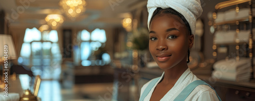 Black maid restocking housekeeping trolley with fresh towels while working in hotel.