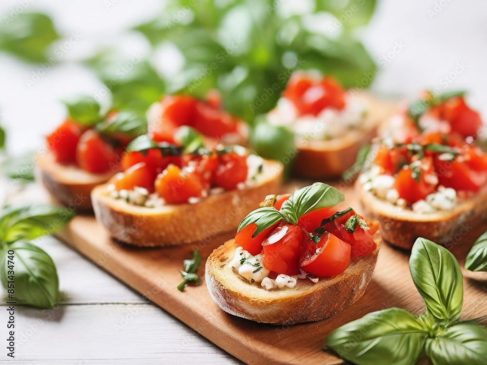 Close-up of baguette bruschetta, red fish, cream cheese, basil, on a wooden tray on a white textured background. generative artificial intelligence Close-up of baguette bruschetta, red fish, cream cheese, basil, on a wooden tray on a white textured background. generative artificial intelligence