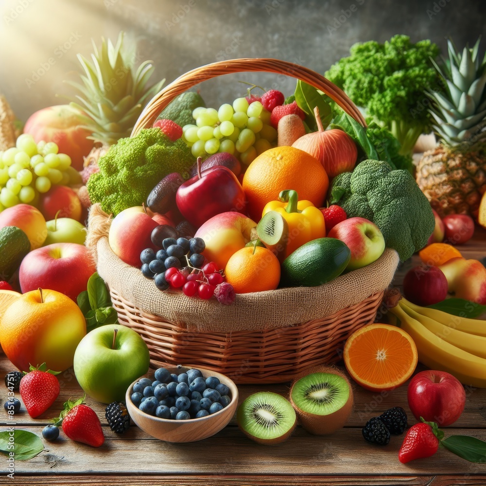 A sunlit wicker basket filled with an array of fresh fruits and vegetables, featuring apples, oranges, grapes, and greens. The bright, colorful arrangement promotes health and wellness.. AI Generation A sunlit wicker basket filled with an array of fresh fruits and vegetables, featuring apples, oranges, grapes, and greens. The bright, colorful arrangement promotes health and wellness.. AI Generation