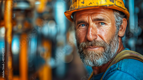 Portrait of senior factory worker wearing hard hat looking strong and confident
