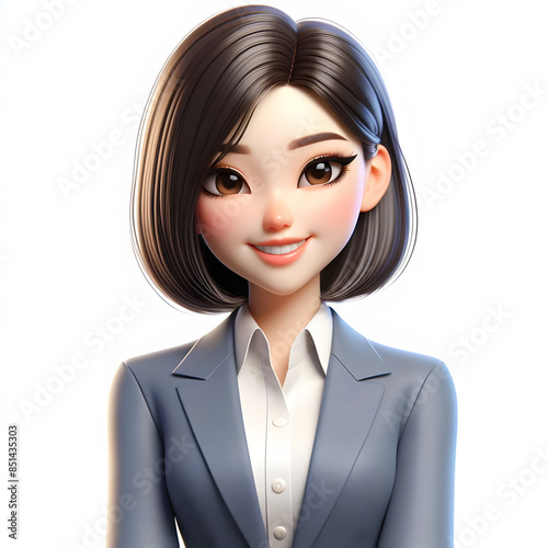 3D Rendering of Happy Asian Businesswoman with Glasses in Professional Attire