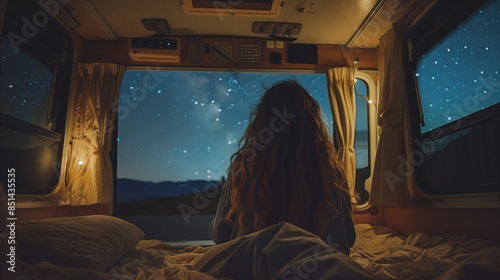Woman in Camper Van Under Starry Night. A serene nighttime scene of a woman inside a cozy camper van, gazing out at the starry sky. 